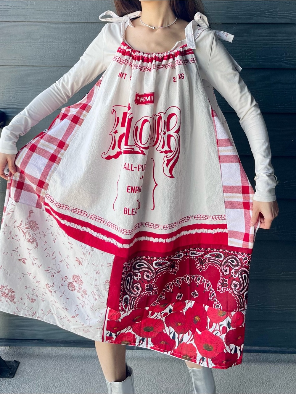 Handmade Quilted Flour Sack Patchwork Sundress with Shoulder Ties SKU 05037 - Picture 12 of 16